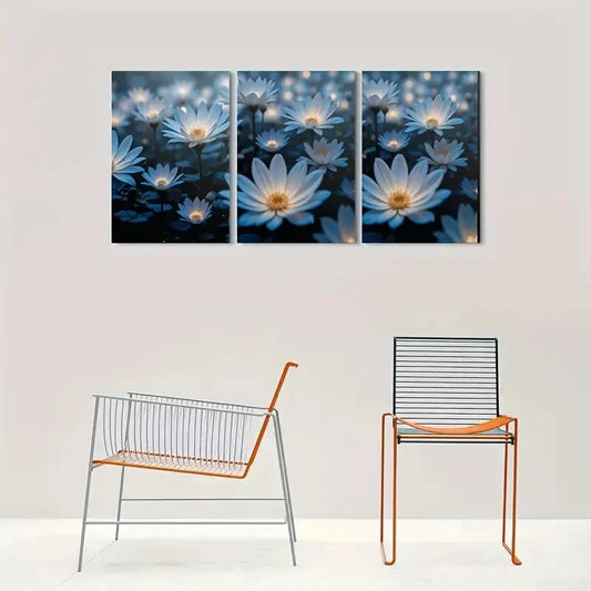3pcs Blue Daisy Flower Modern Metal Print Ready to Hang Art