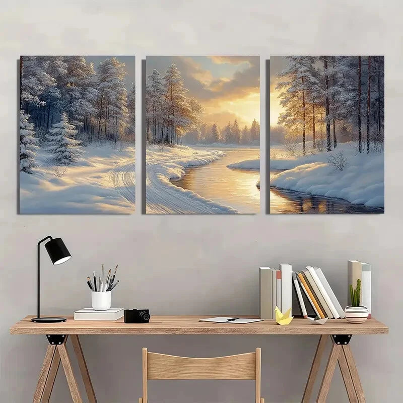 3pcs Winter Wonderland Snowy Forest & River Scene Metal Print Ready to Hang Art