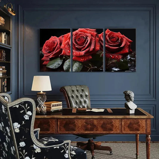 3pcs Set of Elegant Red Roses with Dew Drops Metal Print Ready to Hang Art