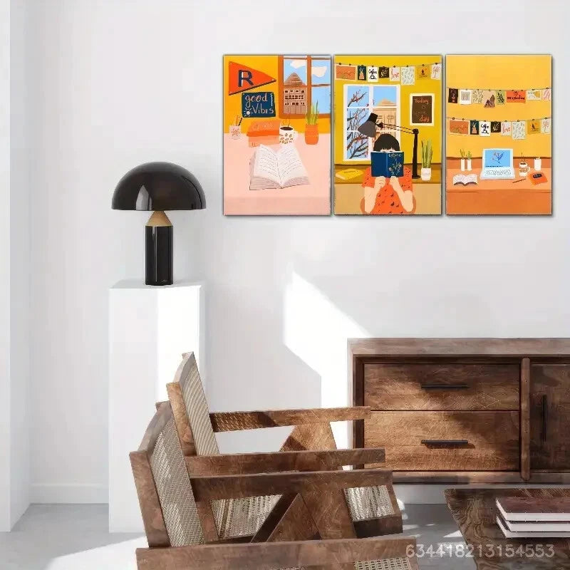 3pcs Books and Coffee People Reading Poster Metal Print Ready to Hang Art