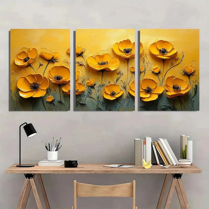 3pcs Yellow Wildflower Oil Small Impasto Art Metal Print Ready to Hang Art