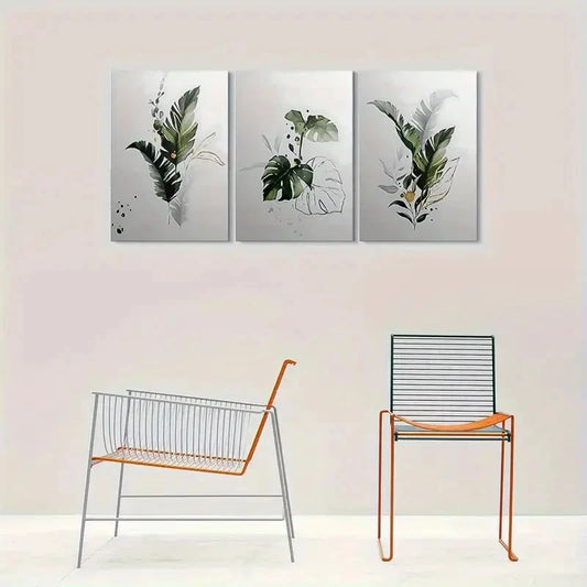 3pcs Green Foliage and Golden Accents Metal Print Ready to Hang Art