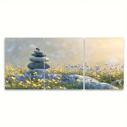 3pcs Summer Meadow, Wildflowers, Stone Cairn Metal Print Ready to Hang Art