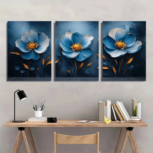 3pcs Modern Luxury Light Blue And Golden Abstract Metal Print Ready to Hang Art