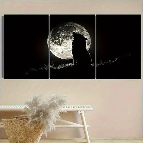 3pcs Silhouette of Wolf Howling at Moon Wall Art Canvas Unframed - High Quality Print 100% Australian Made Wall Canvas