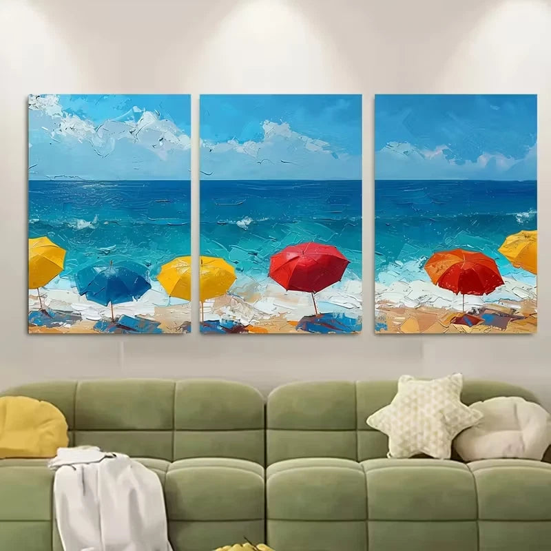 3pcs Beach Umbrella Ocean. Colorful Coastal Metal Print Ready to Hang Art