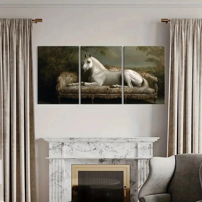3pcs Elegant White Horse On Ornate Sofa Metal Print Ready to Hang Art