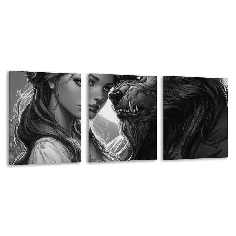 3pcs Beautiful Girl and a Werewolf Decor    Wall Art Set Canvas Framed 60x90cm - High Quality Print 100% Australian Made Wall Canvas Ready to Hang