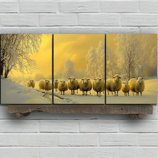 3pcs Sheep in the Snow Animal Themed Metal Print Ready to Hang Art