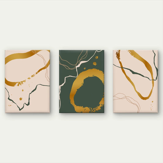 3pcs Modern Abstract Green, Gold and Beige Art Wall Art Set Canvas Framed 60x90cm - High Quality Print 100% Australian Made Wall Canvas Ready to Hang