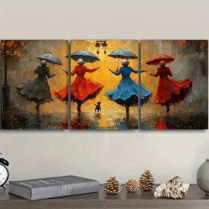 3pcs Women Dancing in the Rain Theme Wall Art Set Canvas Framed 50x70cm - High Quality Print 100% Australian Made Wall Canvas Ready to Hang