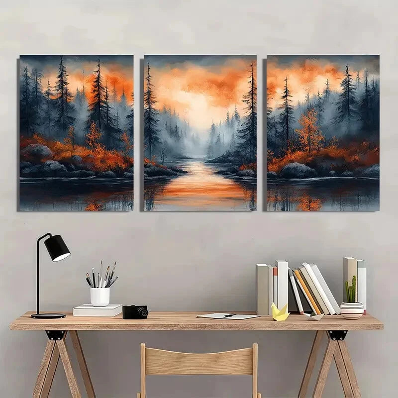 3pcs Foggy River Forest Scene Metal Print Ready to Hang Art