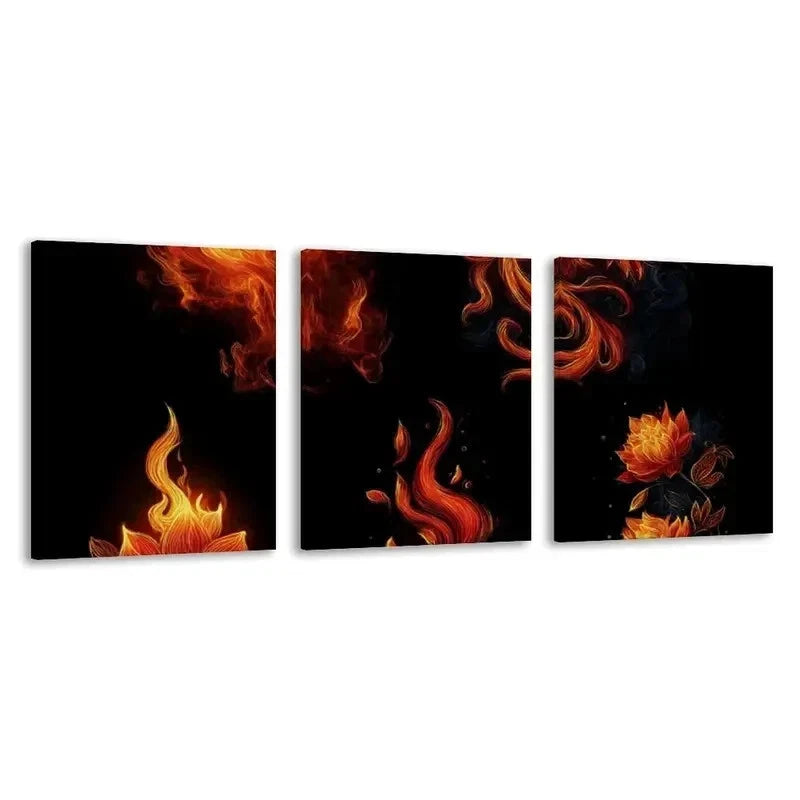 3pcs Fire & Flame Golden Black Orange Hues Wall Art Set Canvas Framed 40x60cm - High Quality Print 100% Australian Made Wall Canvas Ready to Hang