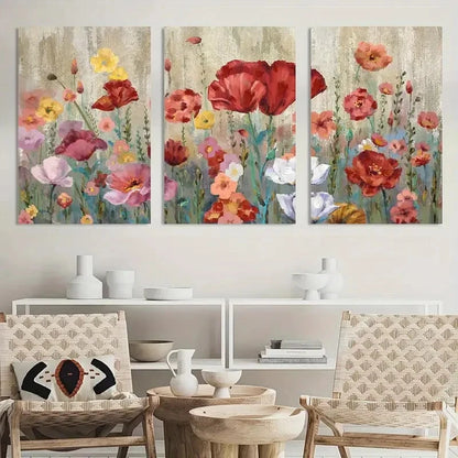 3pcs Elegant Floral Red Yellow Pink Blossom Metal Print Ready to Hang Art