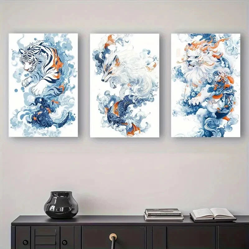3pcs Abstract Tiger Wolf & Lion White Blue Clouds Metal Print Ready to Hang Art