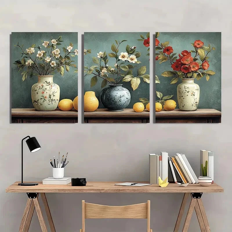 3pcs Antique Vase & Botanical Illustration Metal Print Ready to Hang Art