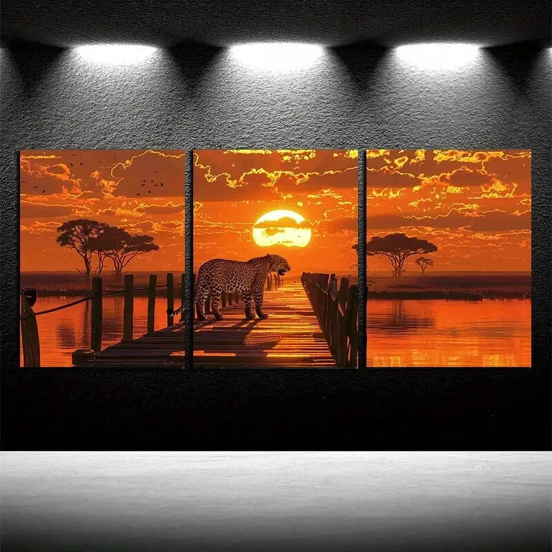 3pcs Leopard Sunset Tropical Savanna Metal Print Ready to Hang Art