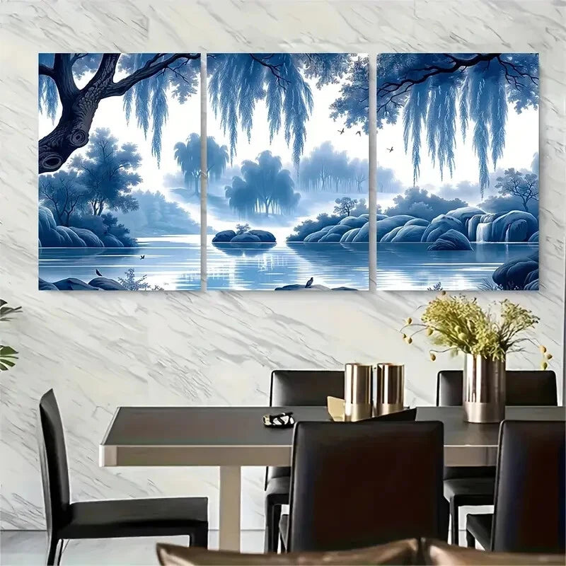 3pcs Willow Tree River Blue Chinoiserie Art Metal Print Ready to Hang Art