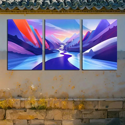 3pcs Vibrant Purple Mountains and Sunset Modern Metal Print Ready to Hang Art