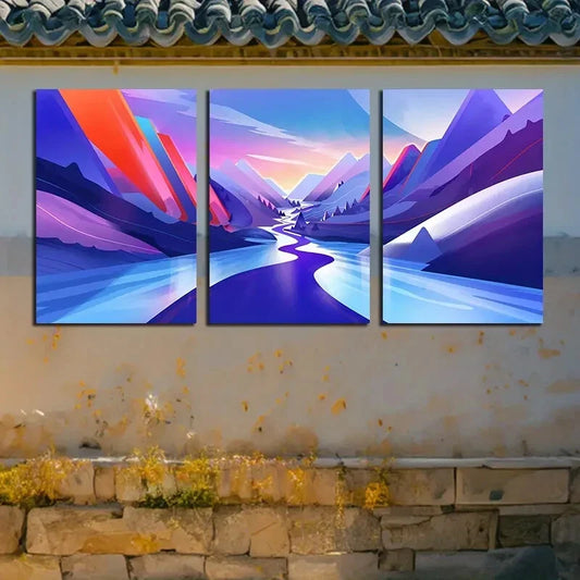 3pcs Vibrant Purple Mountains and Sunset Modern Metal Print Ready to Hang Art
