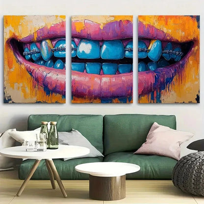 3pcs Colorful Abstract Smile Braces Design Metal Print Ready to Hang Art