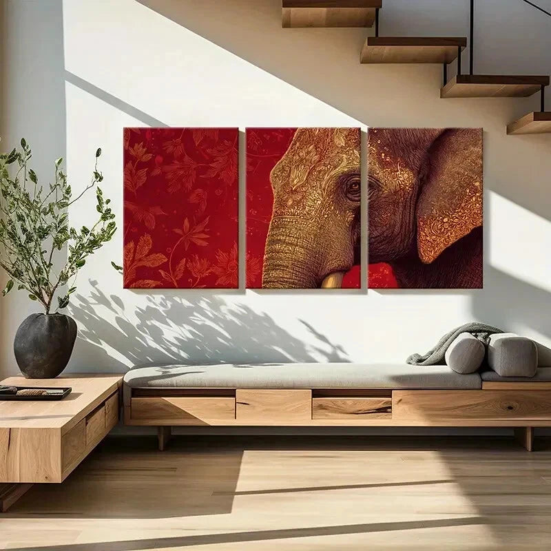 3pcs Elephant Art Intricate Design Golden Details Metal Print Ready to Hang Art