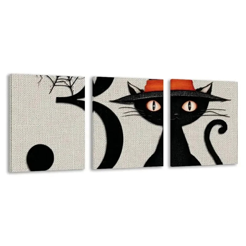 3pcs Spooky Black Cat In A Hat Decor  Wall Art Set Canvas Framed 60x90cm - High Quality Print 100% Australian Made Wall Canvas Ready to Hang