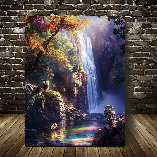 Beautiful Surreal Owl Trio by Waterfall Painting 40x60cm Metal Print Ready to Hang