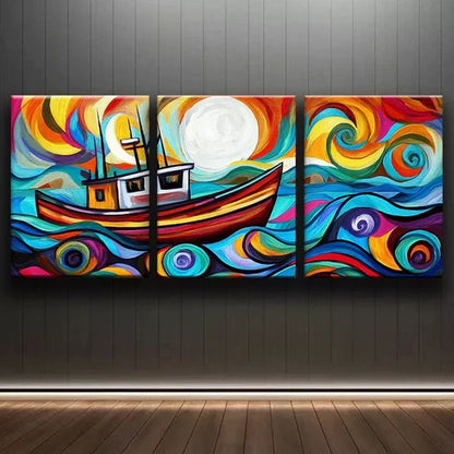 3pcs An Abstract Depiction Of A Fishing Trawler Wall Art Set Canvas Unframed - High Quality Print 100% Australian Made Wall Canvas