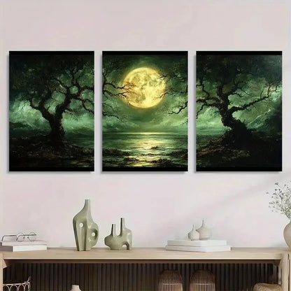 3pcs Moonlit Forest Golden Moon & Twisted Trees Metal Print Ready to Hang Art