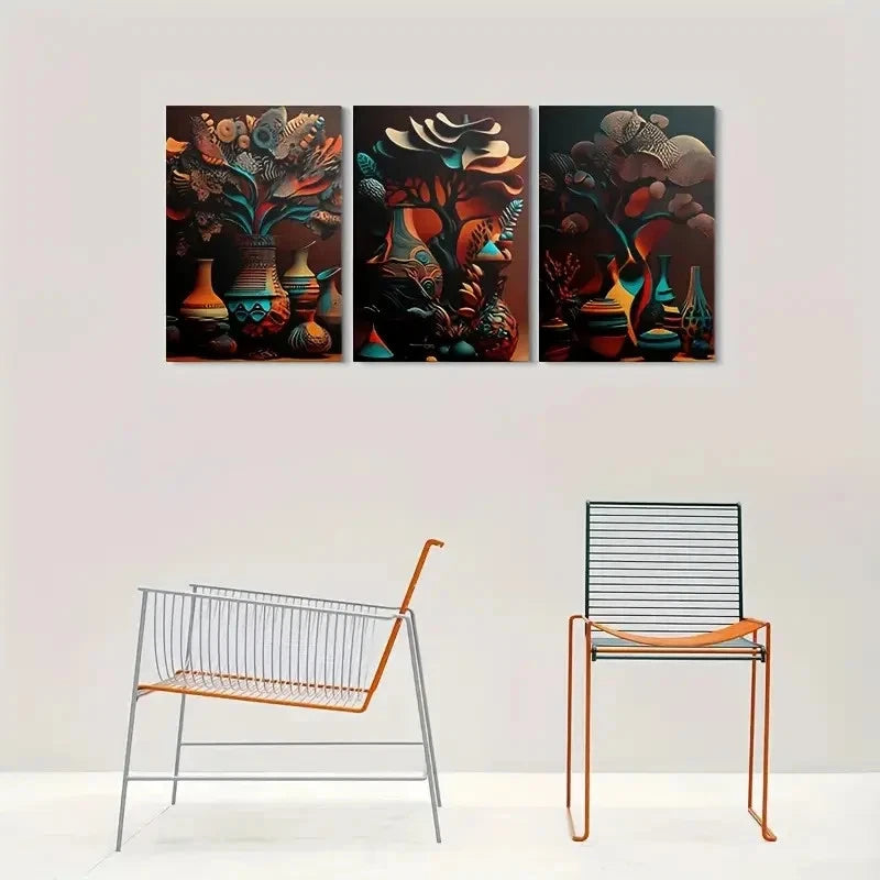 3pcs Abstract Floral & Vase Design Metal Print Ready to Hang Art