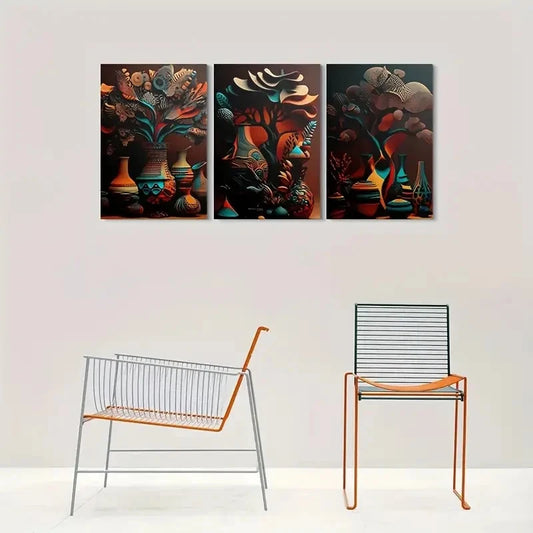 3pcs Abstract Floral & Vase Design Metal Print Ready to Hang Art