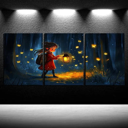 3pcs Girl in the forest with Lamp, Fireflies View Metal Print Ready to Hang Art