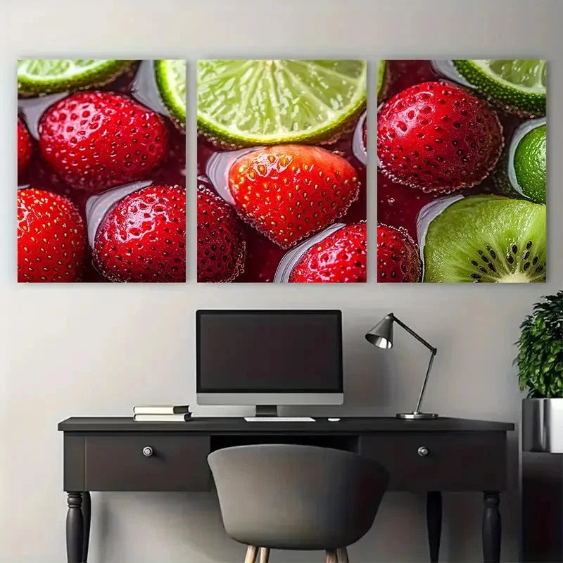 3pcs Fresh Fruit Drink Cherry Strawberry Lime Kiwi Metal Print Ready to Hang Art