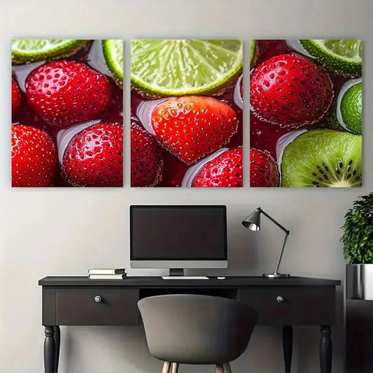 3pcs Fresh Fruit Drink Cherry Strawberry Lime Kiwi Metal Print Ready to Hang Art