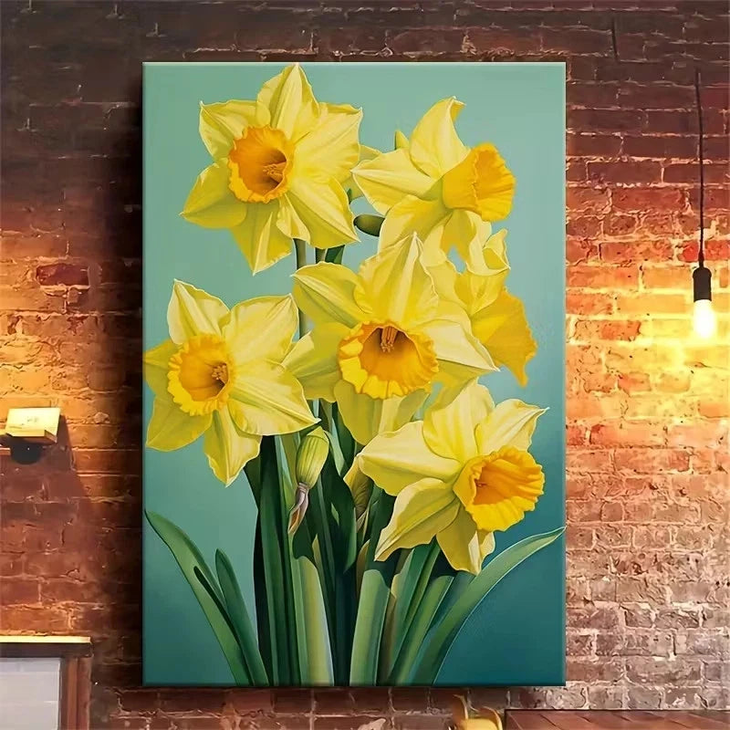 Daffodil Bloom Painting & Teal Background 40x60cm Metal Print Ready to Hang