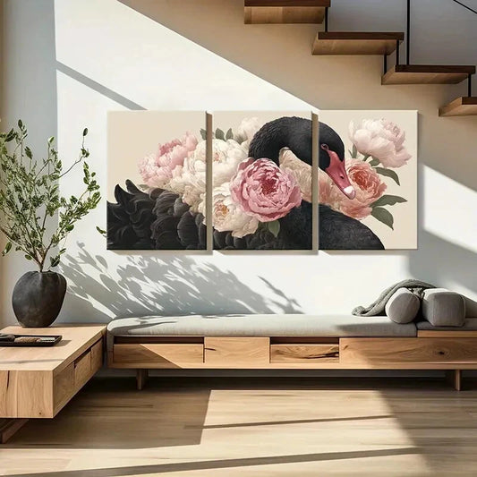 3pcs Artistic Elegant Black Swan Peony Flowers Metal Print Ready to Hang Art