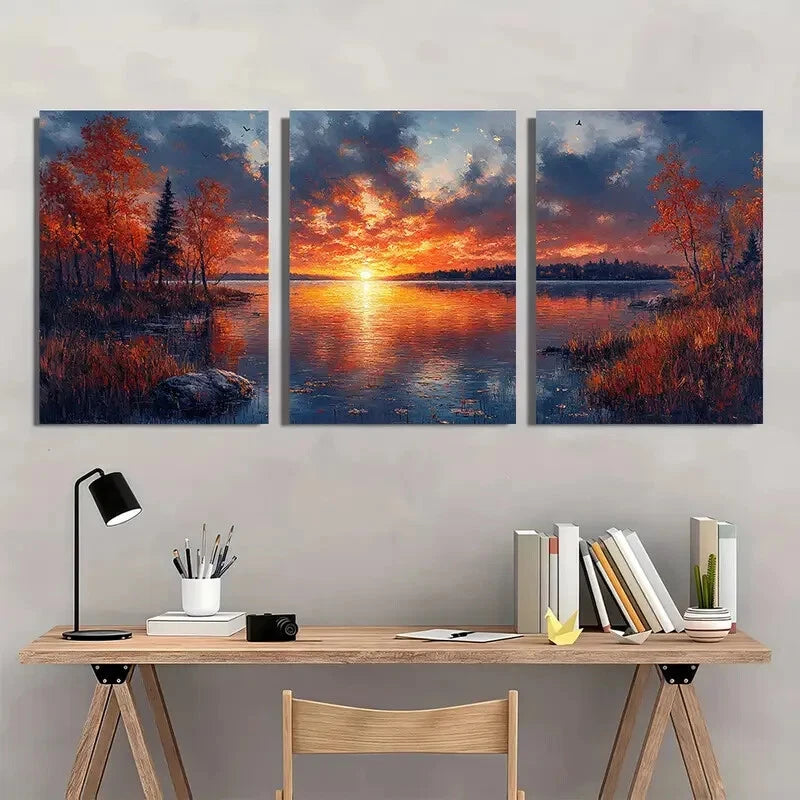 3pcs Serene Sunset Lake Scene with Autumn Trees Wall Art Set Canvas Framed 40x60cm - High Quality Print 100% Australian Made Wall Canvas Ready to Hang