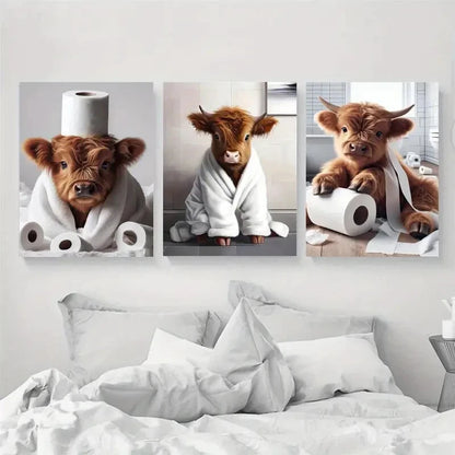 3pcs Cartoon Animal Highland Cow Art Prints Set Metal Print Ready to Hang Art