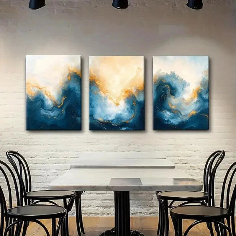 3pcs Modern Blue and Golden Fluid Perfect Wall Art Set Canvas Framed 40x60cm - High Quality Print 100% Australian Made Wall Canvas Ready to Hang