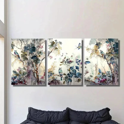 3pcs Modern Landscape with Trees, Flowers Metal Print Ready to Hang Art