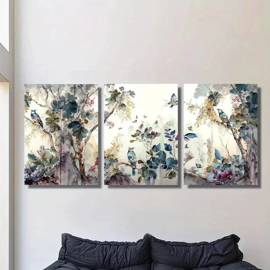 3pcs Modern Landscape with Trees, Flowers Metal Print Ready to Hang Art