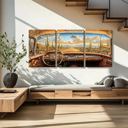 3pcs Desert Landscape Vintage Car Blue Sky Metal Print Ready to Hang Art