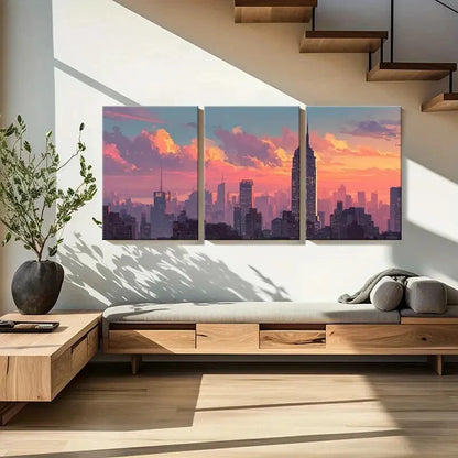 3pcs Cityscape Art Urban Skyline Sunset Glow Metal Print Ready to Hang Art