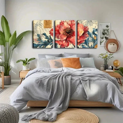 3pcs Vibrant Red Flowers & Green Leaves Perfect Wall Art Set Canvas Framed 40x60cm - High Quality Print 100% Australian Made Wall Canvas Ready to Hang