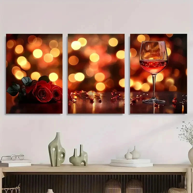 3pcs Elegant Wine & Rose Luxurious Metal Print Ready to Hang Art