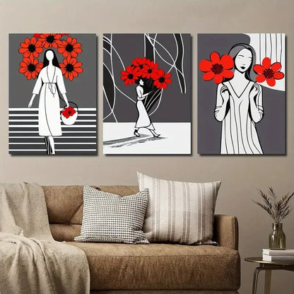 3pcs Abstract Flower Girl Black And Red Metal Print Ready to Hang Art
