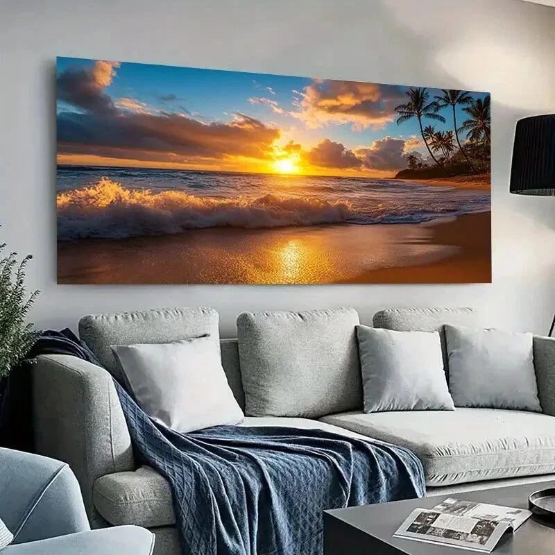 Seaside Sunset Palm Beach wall canvas office home room framed 120x60cm - Bella Home Decor