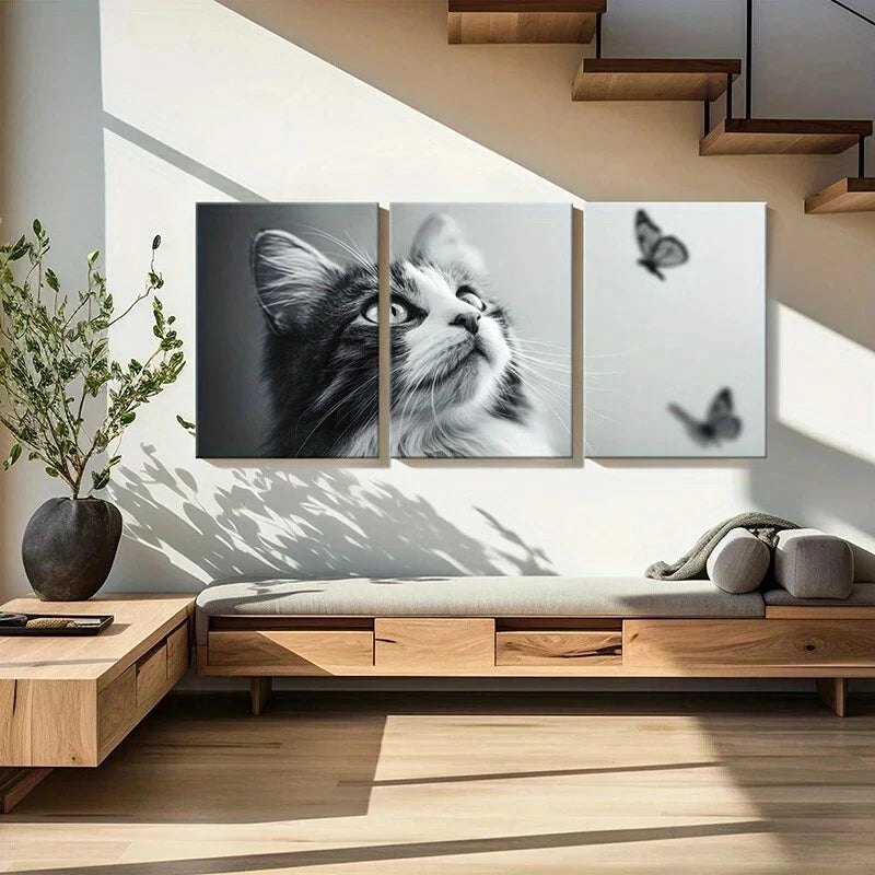 3pcs Black And White Cat Gazing at Butterflies Metal Print Ready to Hang Art