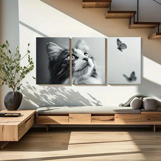 3pcs Black And White Cat Gazing at Butterflies Metal Print Ready to Hang Art